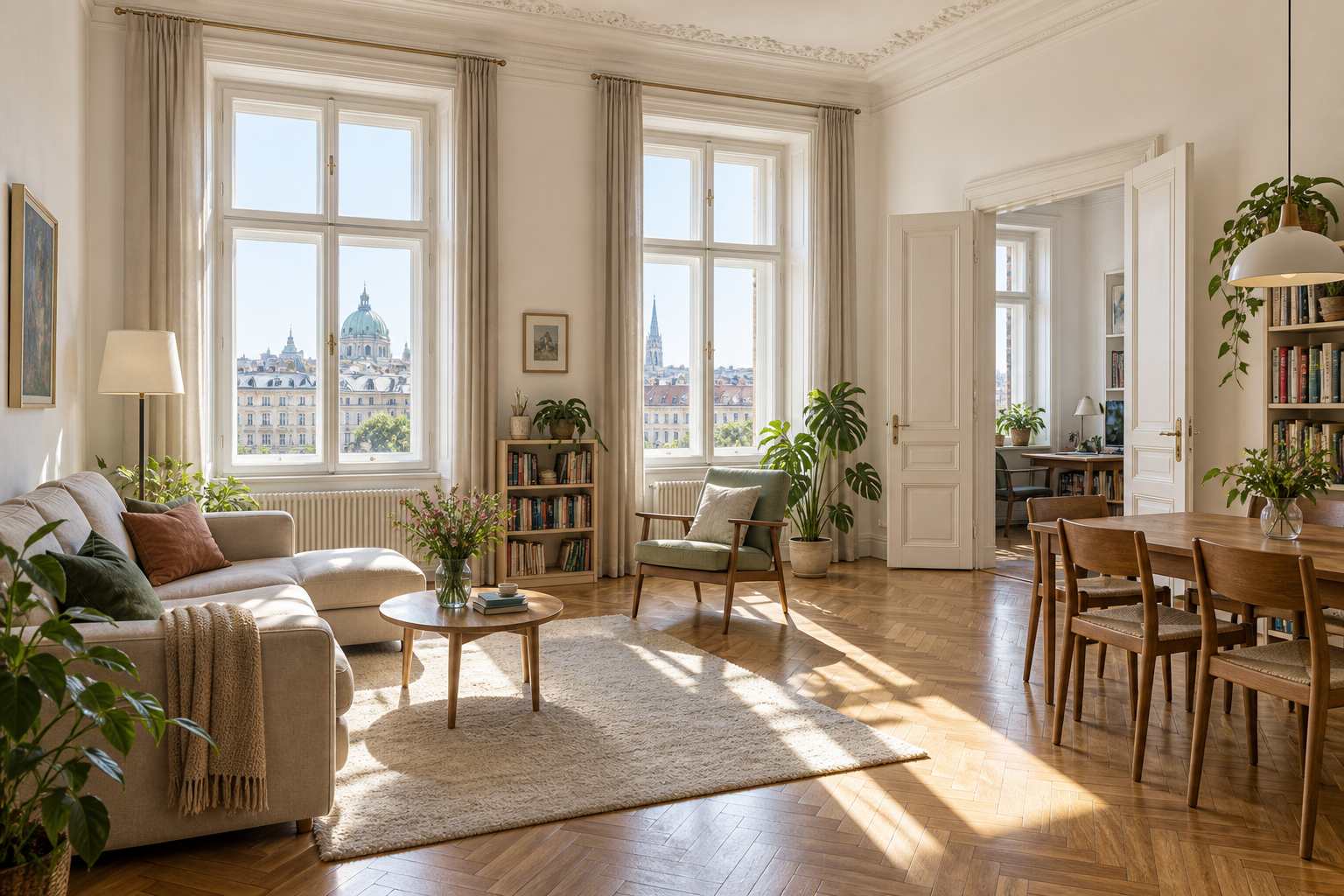 Heller Wiener Altbauwohnraum mit breiten Fenstern