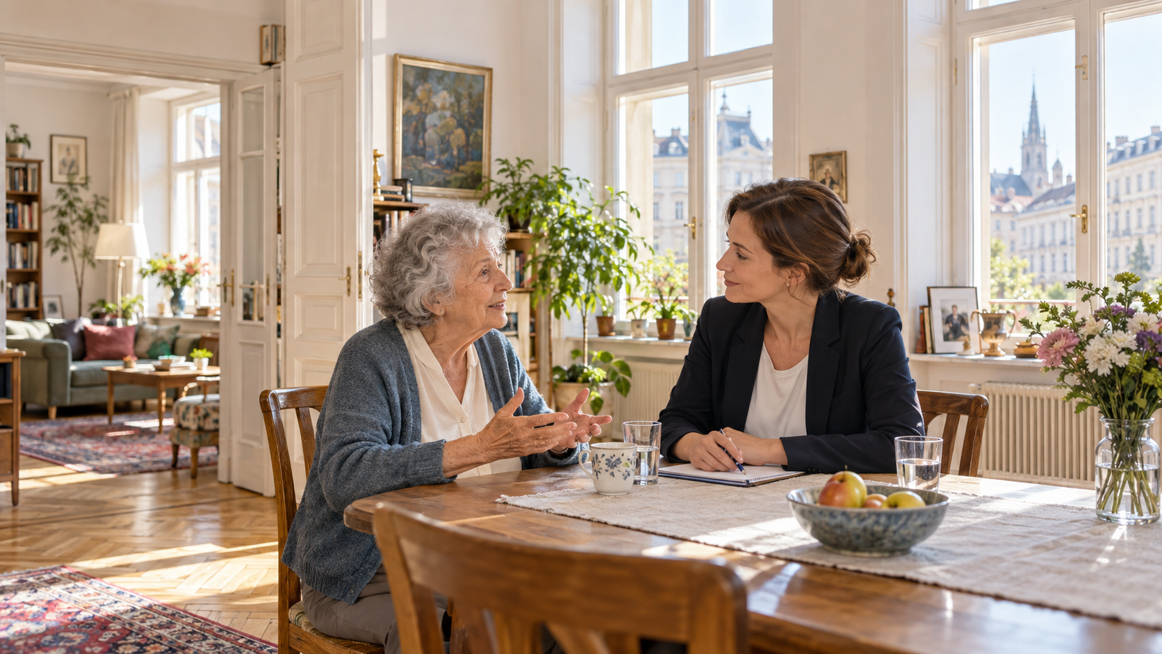 Respektvolles Gespräch in einer hellen Wiener Altbauwohnung